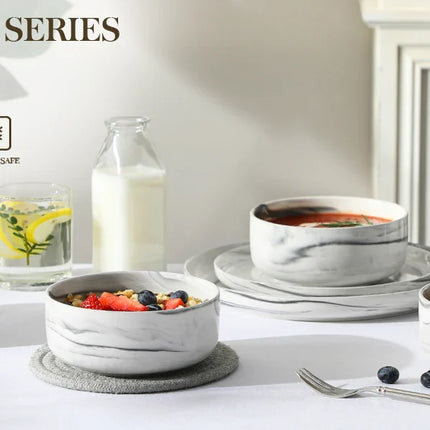 MALACASA 4 Piece Bowl 26oz Ceramic Dinnerware set White Porcelain Plates Grey Marble Tableware Set Cereal Bowls Salad Soup Bowls