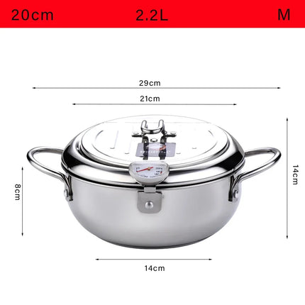 Japanese Deep Fryer With Thermometer and Lid 304 Stainless Steel Kitchen Tempura Fryer Pan Fryer Without Oil Frying Pan Fryer