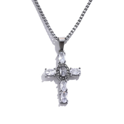 Yhpup Delicate Colorful Bling Cubic Zirconia Cross Pendant Stainless Steel Luxury Necklace High-Grade Fashion Shiny Jewelry Gift