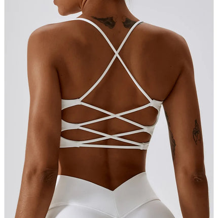 Solid Color U-Shaped Multi-Strap Cross Back Women Fitness Sports Bra Top Gym Yoga Athletic Tight Workout Jog Soft With Chest Pad