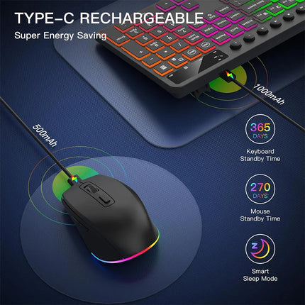 Wireless Keyboard and Mouse Combo with Backlit Full Size Ergonomic Keyboard with Phone Tablet Holder 2.4G Mouse for PC Laptop