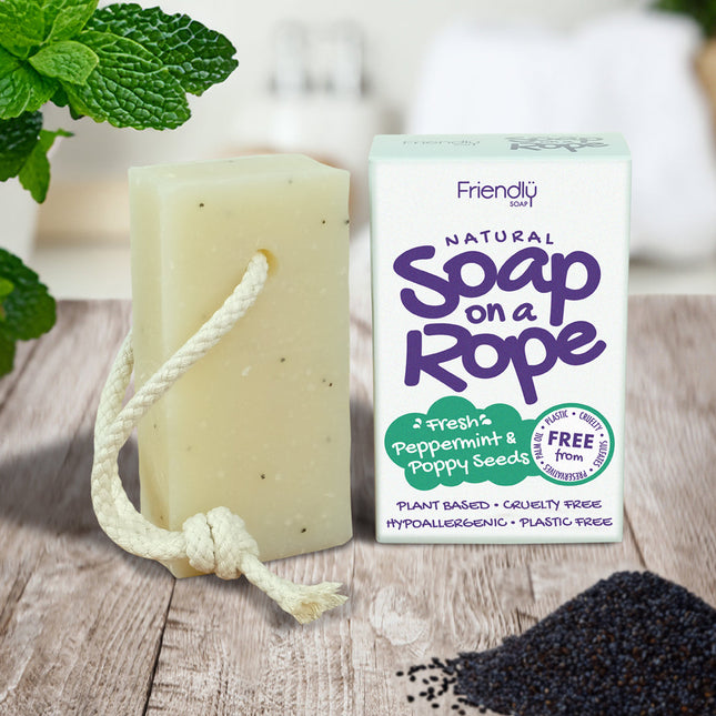 Natural Soap On A Rope - 'Fresh' Peppermint & Poppy Seeds 125g