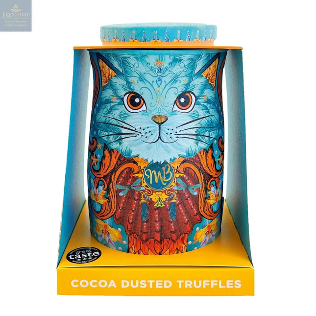 Spirit blue cat tin filled with Coconut Crush cocoa dusted truffles with caramelised coconut pieces
