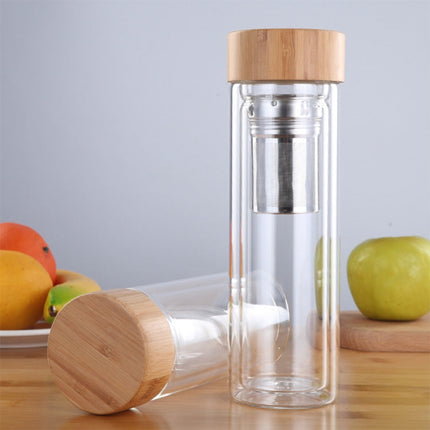 Glass Water Tea Bottles with Infuser Bamboo Lid Double Wall Brief Portable Outdoor Bottle, 350ML, 450ML