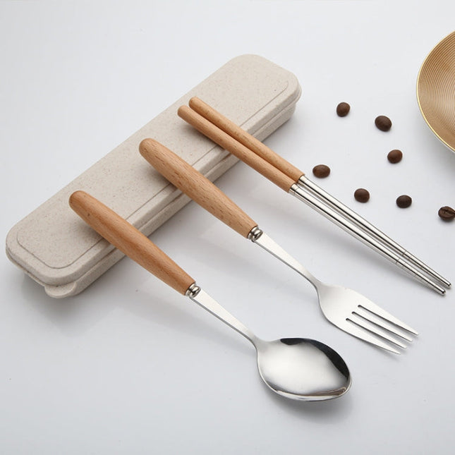 3 in 1 Spoon Chopsticks Fork Cutlery Set Three-piece Creative Work Students Portable Tableware, Three-piece set of wooden handle spoon fork chopsticks, Two-piece wooden spoon chopsticks