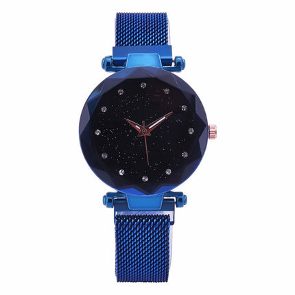 Luxury Mesh Ladies Clock Magnet Buckle Starry Diamond Geometric Quartz Wristwatch Women Watches, Rose gold, Blue, Black, Purple