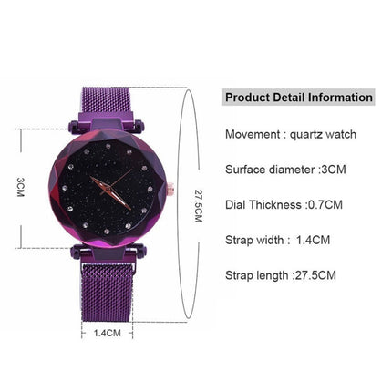 Luxury Mesh Ladies Clock Magnet Buckle Starry Diamond Geometric Quartz Wristwatch Women Watches, Rose gold, Blue, Black, Purple