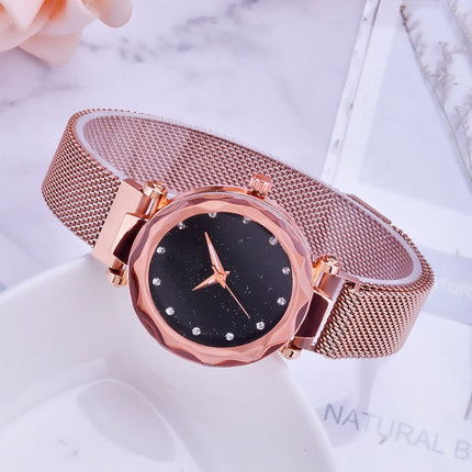 Luxury Mesh Ladies Clock Magnet Buckle Starry Diamond Geometric Quartz Wristwatch Women Watches, Rose gold, Blue, Black, Purple