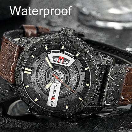 CURREN M8301 Men Military Sports Watch Quartz Date Clock Leather Wristwatch, black case orange, black case red, black case black face deep brown band, black case grey face light brown band, black case blue