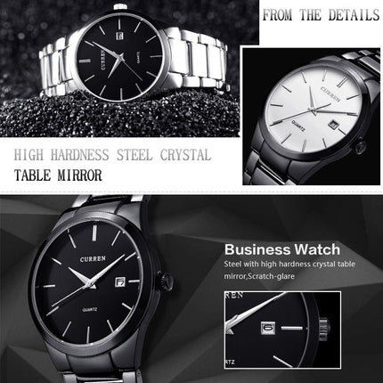 CURREN 8106 Fashion Business Calendar Waterproof Full Steel Quartz Watch, black case black face, white case black face, black case white face, white case white face