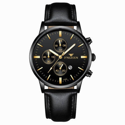 FNGEEN W5128 Men Three Eyes Subdial Luminous Quartz Watch Student Simple Watch, Black Leather Gold Shell Gold Surface, Black Leather Gold Shell Black Surface, Black Leather Gold Shell White Surface, All Black Surface Golden Nails�����������������������...