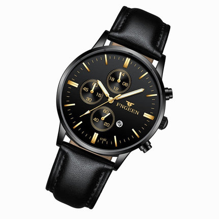 FNGEEN W5128 Men Three Eyes Subdial Luminous Quartz Watch Student Simple Watch, Black Leather Gold Shell Gold Surface, Black Leather Gold Shell Black Surface, Black Leather Gold Shell White Surface, All Black Surface Golden Nails�����������������������...