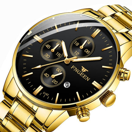 FNGEEN W5128 Men Three Eyes Subdial Luminous Quartz Watch Student Simple Watch, Black Leather Gold Shell Gold Surface, Black Leather Gold Shell Black Surface, Black Leather Gold Shell White Surface, All Black Surface Golden Nails�����������������������...