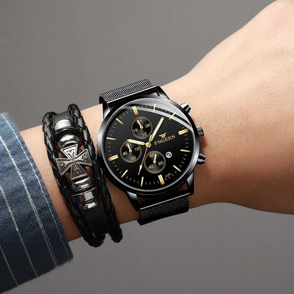 FNGEEN W5128 Men Three Eyes Subdial Luminous Quartz Watch Student Simple Watch, Black Leather Gold Shell Gold Surface, Black Leather Gold Shell Black Surface, Black Leather Gold Shell White Surface, All Black Surface Golden Nails�����������������������...