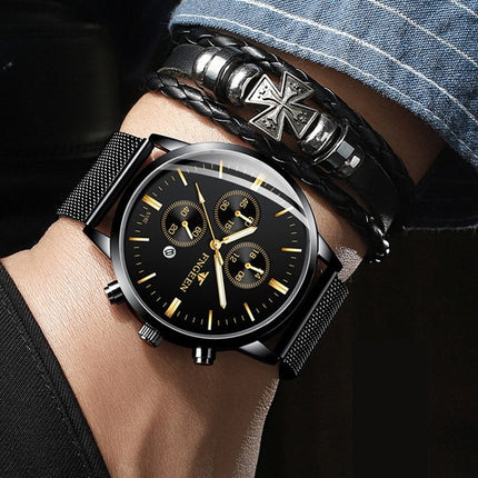 FNGEEN W5128 Men Three Eyes Subdial Luminous Quartz Watch Student Simple Watch, Black Leather Gold Shell Gold Surface, Black Leather Gold Shell Black Surface, Black Leather Gold Shell White Surface, All Black Surface Golden Nails�����������������������...