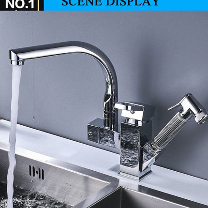 Kitchen Faucet Mixer Tap Single Handle Two Swivel Spouts Hot Cold Water Tap Pull Out Flushing Spray Tap