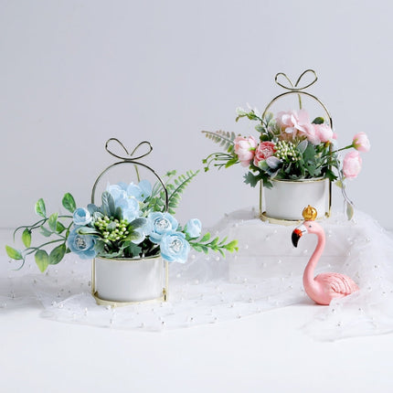 Wrought Iron Portable Frame Hydrangea Flower Pot Decoration Ornaments Home Study Office Wedding Decoration, Light Pink, Light Yellow, light Purple, Light Green, Light Blue, Elegant White