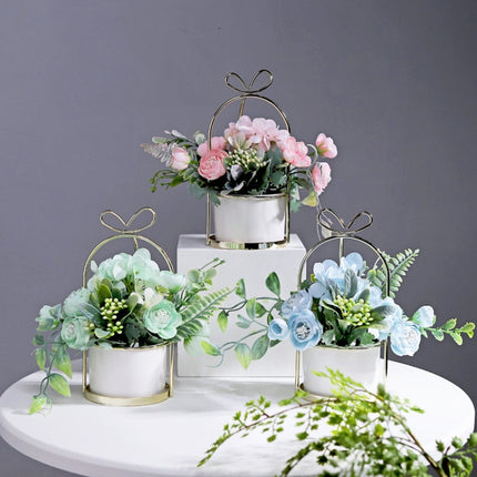 Wrought Iron Portable Frame Hydrangea Flower Pot Decoration Ornaments Home Study Office Wedding Decoration, Light Pink, Light Yellow, light Purple, Light Green, Light Blue, Elegant White