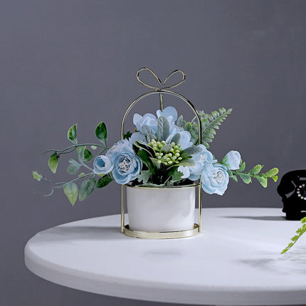 Wrought Iron Portable Frame Hydrangea Flower Pot Decoration Ornaments Home Study Office Wedding Decoration, Light Pink, Light Yellow, light Purple, Light Green, Light Blue, Elegant White