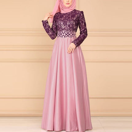 Lace Stitching Retro Large Swing Dress Ethnic Style Long-Sleeved Slim Dress, S, M, L, XL