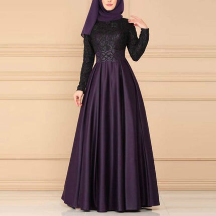 Lace Stitching Retro Large Swing Dress Ethnic Style Long-Sleeved Slim Dress, S, M, L, XL