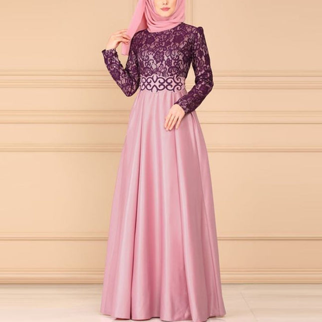 Lace Stitching Retro Large Swing Dress Ethnic Style Long-Sleeved Slim Dress, XXL, XXXXL, XXXXXL, XXXL