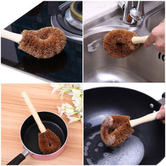 10 PCS Natural Coconut Palm Non-stick Oil Long Handle Pot Brush Cleaning Brush Kitchen Cleaning Tool