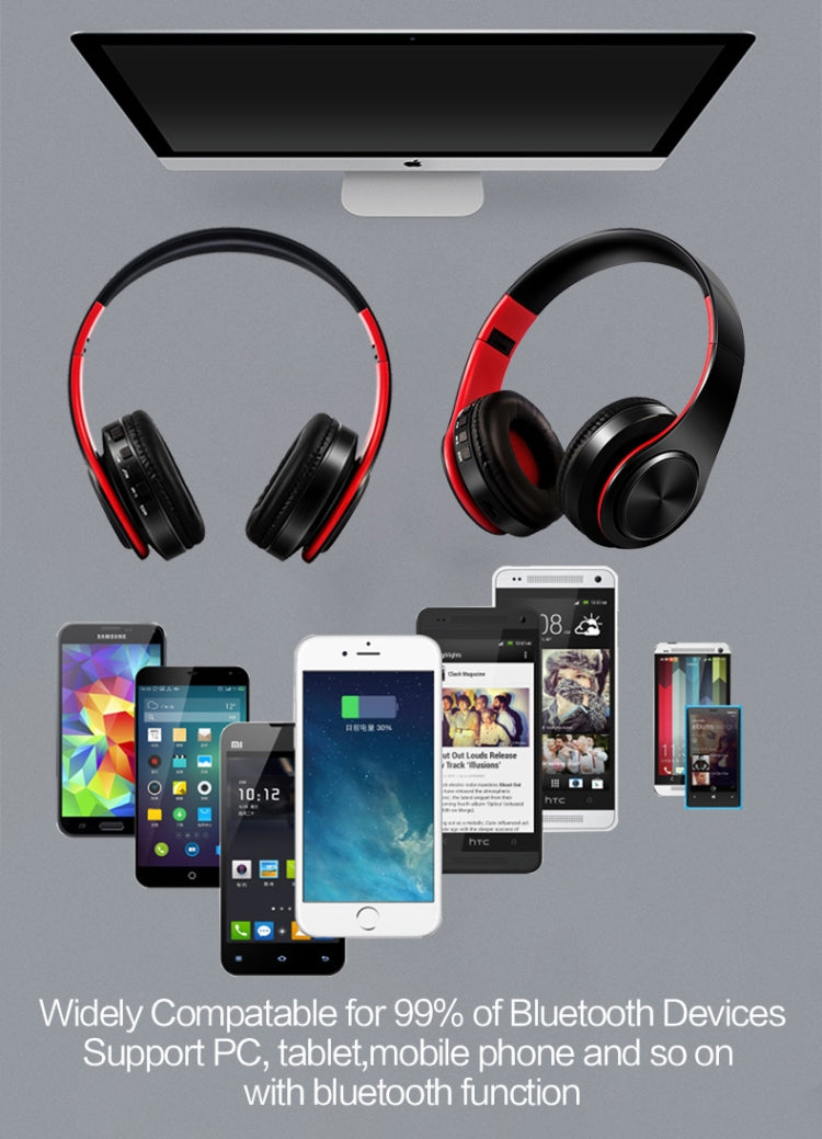 HIFI Stereo Wireless Bluetooth Headphone for Xiaomi iPhone Sumsamg Tablet, with Mic, Support SD Card & FM