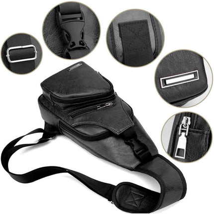 Waterproof Leisure PU Leather Single Shoulder Bag Men Chest Bag with USB Charging Port and Headphone Hole