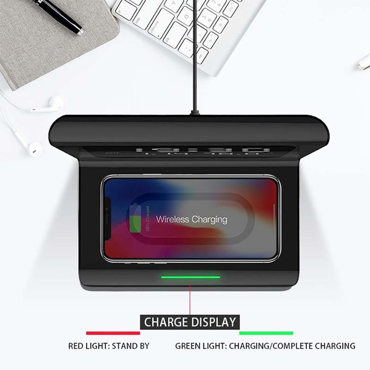 10W QI Universal Multi-function Mobile Phone Wireless Charger with Alarm Clock & Time / Calendar / Temperature Display, RT1 10W (Black)