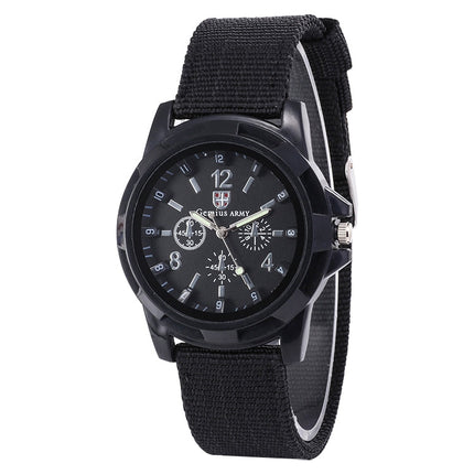 055 Men Canvas Strap Luminous Watch, Black belt black face, Blue dial, Green