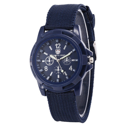 055 Men Canvas Strap Luminous Watch, Black belt black face, Blue dial, Green
