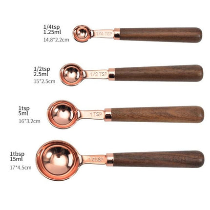 Walnut Handle Copper-Plated Kitchen Baking Tools Bartender Scale Measuring Set, 4 PCS / Set Measuring Spoon, 4 PCS / Set Measuring Cup