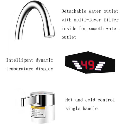 Dynamic Digital Display Instant Heating Electric Hot Water Faucet Kitchen&Domestic Hot&Cold Water Heater EU Plug, With Shower Head, Large Elbow, Universal Tube