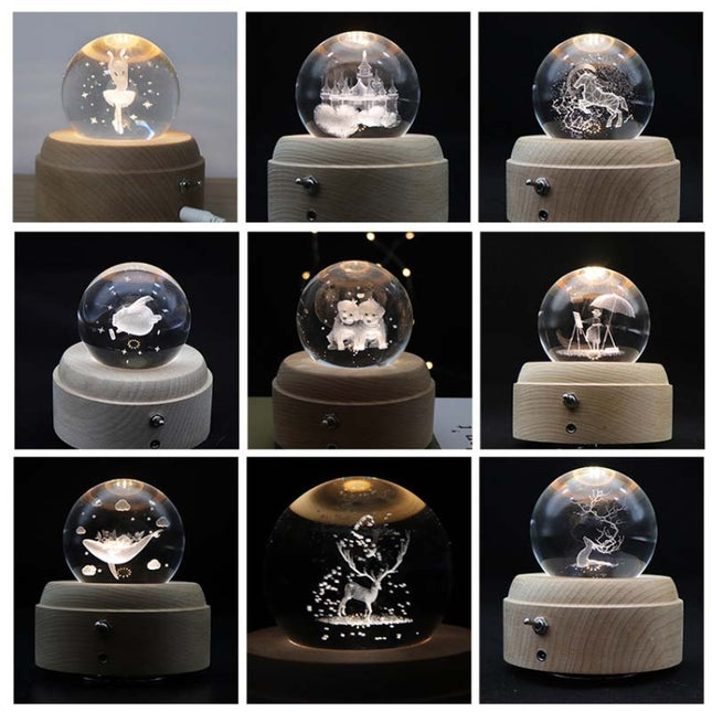 Girl Bedside Lamp Crystal Ball Wooden Base Music Box Charging Glow Rotating Night Light, Random Music, Ballet, Castle, Unicorn, Flying Pig, Dogs, Drawing Girl, Whale, Deer, Deer Head, Cat, Mermaid, Dandelion, Balloon Bear, Christmas Tree, Double Pig   ...