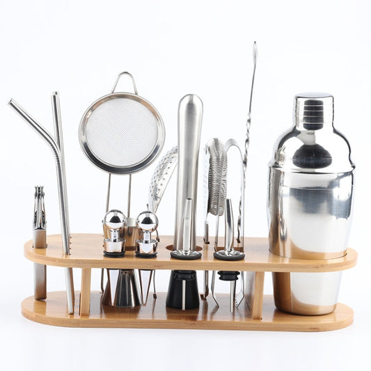 18 in 1 Stainless Steel Cocktail Shaker Set, Oval Bamboo Base, Bar Tool Set, 350ml, 550ml, 750ml