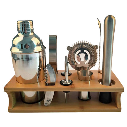 10 in 1 Stainless Steel Shaker Bamboo Stand Set Oblique Mouth Bar Cocktail Bartending Tool, 350ml, 550ml, 750ml