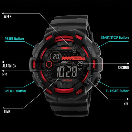 SKMEI 1243 Men Sports Watch Outdoor Waterproof Digital Watch, Red, Black, Golden