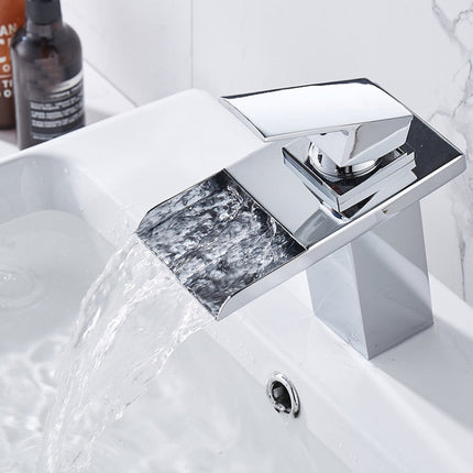 LED Three Lights Hot Cold Water Faucet Bathroom Waterfall Faucet CN Plug, Black, Electroplating Silver