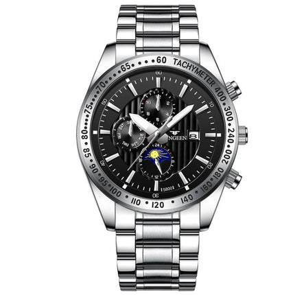 FNGEEN 5800 Men Three Eyes and Six Pins Watch Student Quartz Watch, Black Steel Black Surface, Black Steel White Surface, White Steel Black Surface, White Steel White Surface, Black Leather Black Steel Black Surface�������������������������������������...