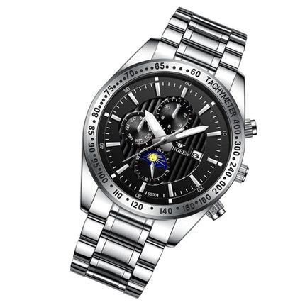 FNGEEN 5800 Men Three Eyes and Six Pins Watch Student Quartz Watch, Black Steel Black Surface, Black Steel White Surface, White Steel Black Surface, White Steel White Surface, Black Leather Black Steel Black Surface�������������������������������������...