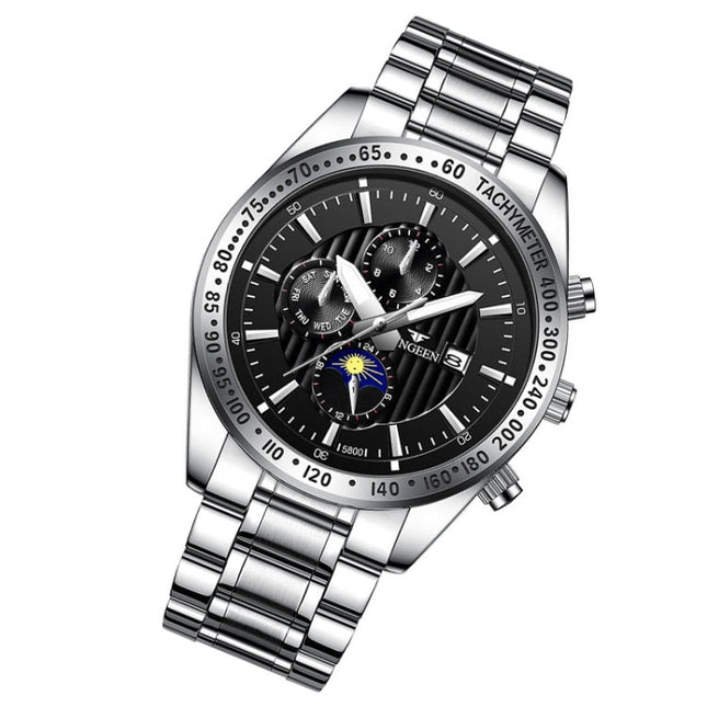 FNGEEN 5800 Men Three Eyes and Six Pins Watch Student Quartz Watch, Black Steel Black Surface, Black Steel White Surface, White Steel Black Surface, White Steel White Surface, Black Leather Black Steel Black Surface                                     ...