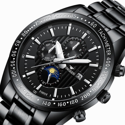 FNGEEN 5800 Men Three Eyes and Six Pins Watch Student Quartz Watch, Black Steel Black Surface, Black Steel White Surface, White Steel Black Surface, White Steel White Surface, Black Leather Black Steel Black Surface�������������������������������������...