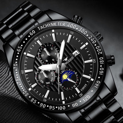 FNGEEN 5800 Men Three Eyes and Six Pins Watch Student Quartz Watch, Black Steel Black Surface, Black Steel White Surface, White Steel Black Surface, White Steel White Surface, Black Leather Black Steel Black Surface�������������������������������������...