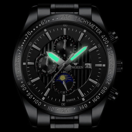 FNGEEN 5800 Men Three Eyes and Six Pins Watch Student Quartz Watch, Black Steel Black Surface, Black Steel White Surface, White Steel Black Surface, White Steel White Surface, Black Leather Black Steel Black Surface�������������������������������������...