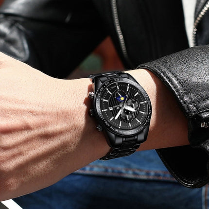 FNGEEN 5800 Men Three Eyes and Six Pins Watch Student Quartz Watch, Black Steel Black Surface, Black Steel White Surface, White Steel Black Surface, White Steel White Surface, Black Leather Black Steel Black Surface�������������������������������������...