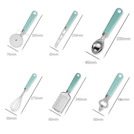 9 in 1 Plastic Handle Stainless Steel Kitchen Utensils Household Gadget Set, Cyan, Black