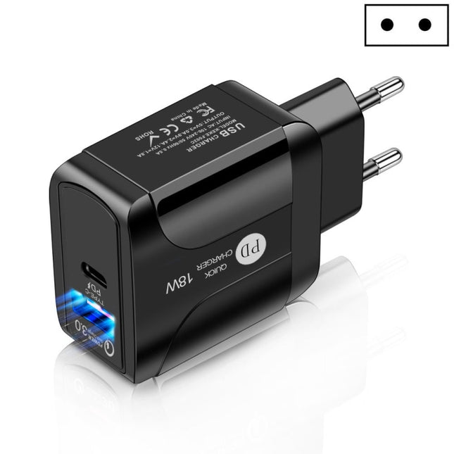 18W PD + QC 3.0 Fast Charge Travel Charger Power Adapter With LED Indication Function, EU Plug Black, US Plug Black, UK Plug Black, EU Plug White, US Plug White, UK Plug White