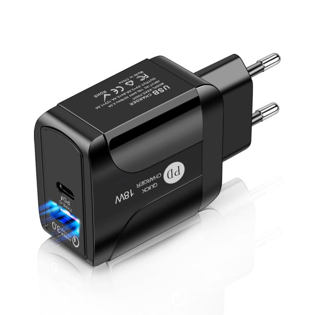 18W PD + QC 3.0 Fast Charge Travel Charger Power Adapter With LED Indication Function, EU Plug Black, US Plug Black, UK Plug Black, EU Plug White, US Plug White, UK Plug White