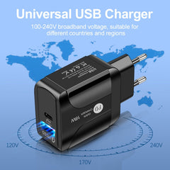 18W PD + QC 3.0 Fast Charge Travel Charger Power Adapter With LED Indication Function, EU Plug Black, US Plug Black, UK Plug Black, EU Plug White, US Plug White, UK Plug White